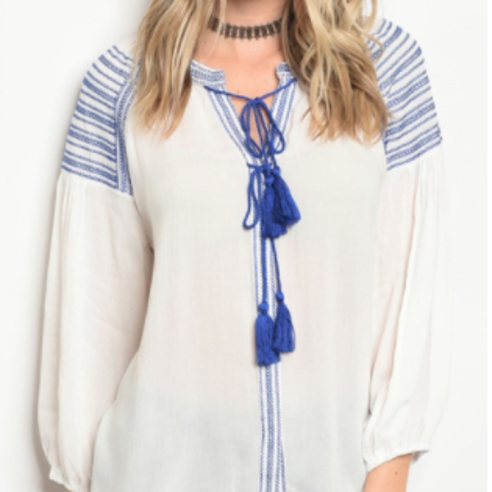entro tassel tie embroidered flowy top white blue